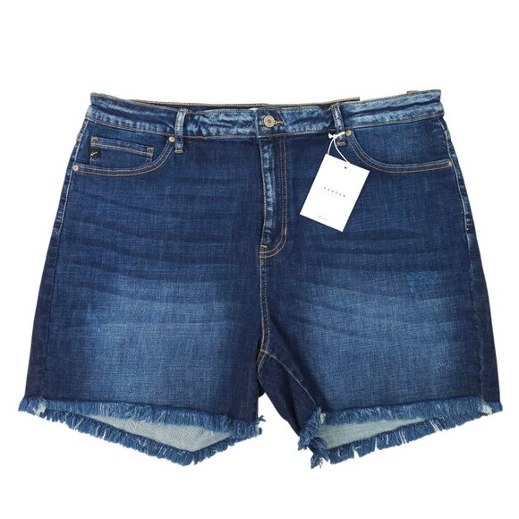 KanCan Denim Shorts Womens Size 3XL High Rise Dark Wash Stretch Frayed Hem NEW - Picture 1 of 16